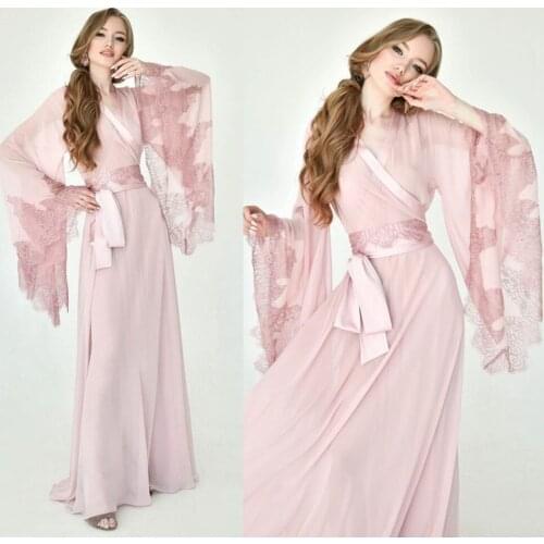 2020 Fashion Womens Sleepwear Sexy Lady Lace Chiffon Wraps Women Bathrobe Sheer Nightgown Floor Length Robe Bridesmaid Shawel