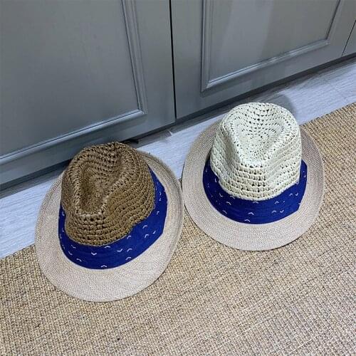 202105-2509344 summer handmade paper patchwork blue ribbon street small brim lady leisure fedoras cap men women panama jazz hat