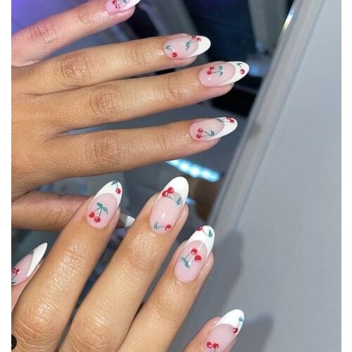 24pcs Cherry Printed Nail Patch Round Head Glue Type Removable Long Paragraph Fashion Manicure False Nail Patch NE