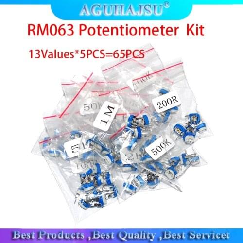 65PCS RM063 Trimmer Potentiometer Adjustable Resistor Kit 500R 1K 5K 10K 20K 50K 100K 200K 500K 1M RM-063 Variable Resistors
