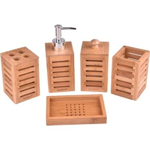 Bamboo Toilet Bathroom Set 5pcs Natural Wood Cup Toothbrush Holder Soap Dish Tray Bathroom Decoration Accessories Healthy Bamboo Tree Not affected by water