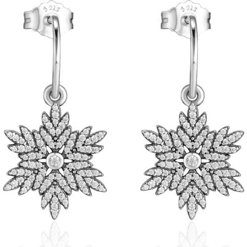 CKK Authentic 925 Sterling Silver Sparkling Snowflake Dangle Earrings for Women Silver Clear CZ Ear ring Jewelry Gift Bijoux
