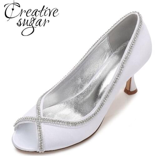Creativesugar lady satin evening dress heels open peep toe rhinestone chain diamond fringe bridal wedding party prom shoes women