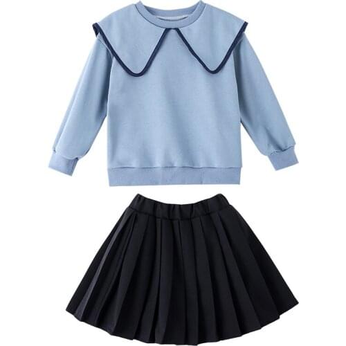 Kids 4-16 years two piece suit girls fashion 2020 new spring autumn casual crew neck sweatshirt sailor suit + skirt clothes teen
