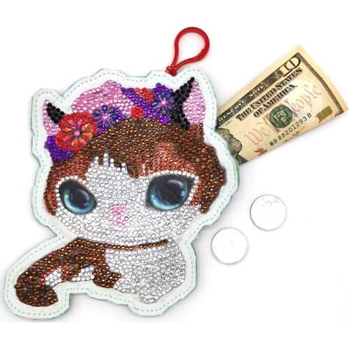 DIY Full Drill Diamond Painting Cross Stitch Wallet Bag Cute Purse Kitten Pattern Keychain Pendants Xmas Gift for Girls Kids