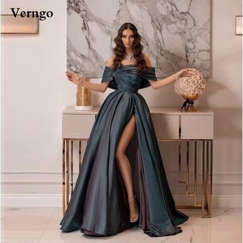 Verngo Dark Gray Taffeta A Line Long Evening Dresses Off the Shoulder Strapless Pleats Side Slit Prom Gowns Modern Formal Dress