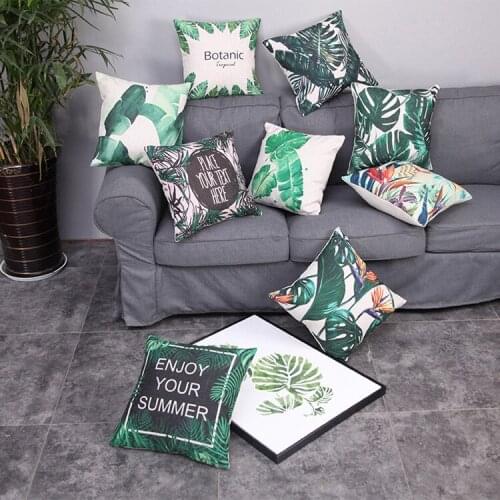 Home Pillowcase Sofa Cushion Cover Linen Green Plants Series Bedroom Living Room Sofa Decoration