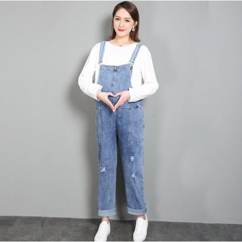 Pregnant womens bib denim spring and summer nine points to wear loose plus size 200 kg thin pregnant women plus size pants
