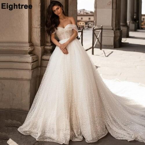 Eightree New Design Off shoulder Dot Tulle Wedding Dresses for Bridal Sexy Open Back Short Sleeve Chapel Train Bridal Gown