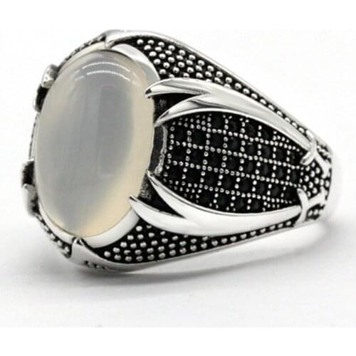 Vintage Punk Silver Color Ring for Men Knife Pattern White Opal Resin Black Zircon Ring Muslim Religious Jewelry Gift Wholesale