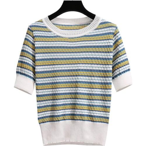 Striped Short Sleeve Woman Clothes Camisas De Mujer Knitted O-Neck Tee Shirt Femme Clothing T Shirt Women Tops Hollow Out Tshirt