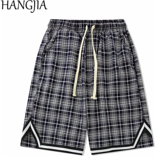 Summer Scottish Plaid Knee-length Short Retro Lattice Drawstring Loose Hip-hop Sweat Shorts Mens Black White Checkered