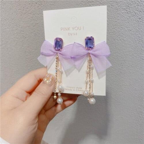 Fashion Long Pearl Tassel Drop Earrings New Woman Purple Bowknot Dangle Earrings Lovely Girls Trendy Accessories