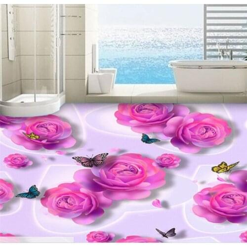 Wellyu Custom flooring painting 3d pink roses butterfly aesthetic fashion 3D living room floor decorative painting 3d flooring