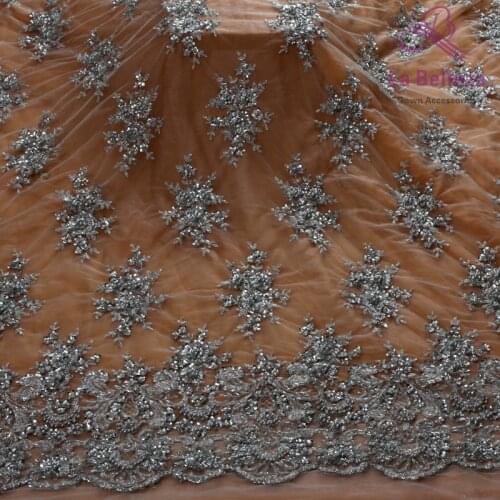 New fashion fine workmanship black/deep blue/wine super heavy beads handmade on mesh wedding dress/stage dress lace fabric 1yard