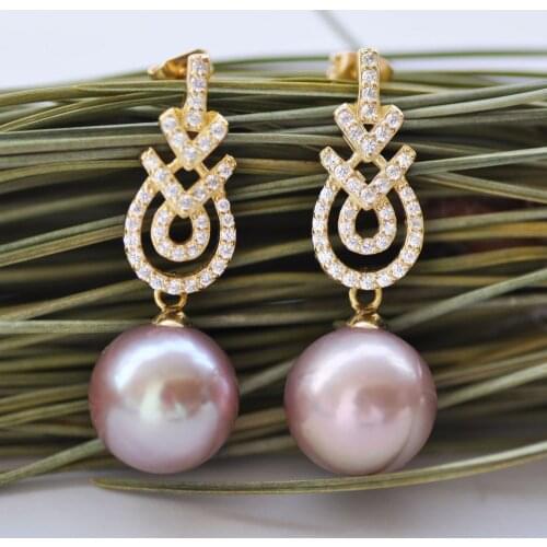 P7633 Natural 13mm Round Lavender Edison Pearl Dangle Earring CZ