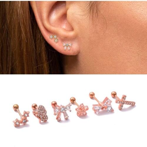1Pc Cz Cartilage Earring Stainless Steel Flower Star Butterfly Screw Back Earring Stud Helix Rook Conch Piercing Jewelry