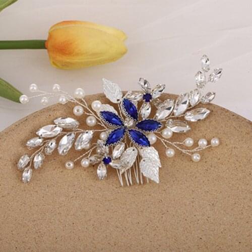 Handmade Pearl Wedding Accessories Blue Diamond Insert Comb Banquet Dress Headdress for Woman Temperament Hair Jewelry 2021