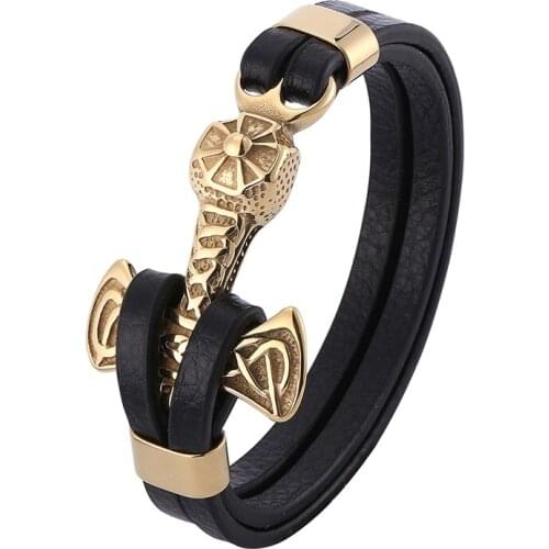 Vintage Men Jewelry Black Multilayer Leather Bracelet Gold Color Stainless Steel Anchor Bracelets Bangles Rope Hand Chain PD0758