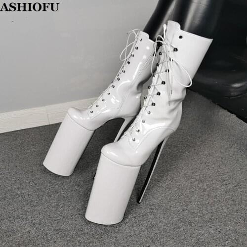 ASHIOFU New Arrival Ladies 30cm Super-heel Boots Cross Shoelace Sexy Platform Ankle Boots Night-club Evening Fashion Boots Shoes