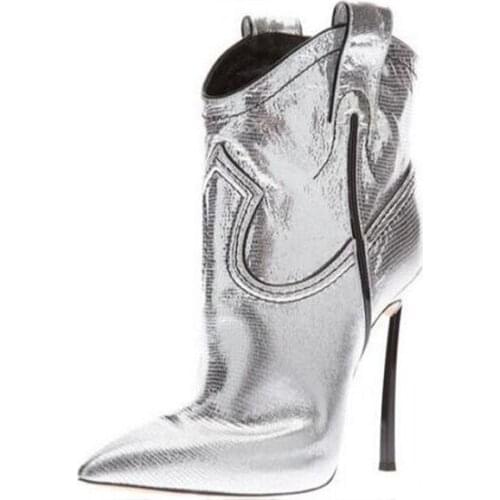 Women Fashion Pointed Toe Gold Silver Lizard Leather Metal Spike Heel Ankle Boots 12cm Thin Heel Short Gladiator Boots