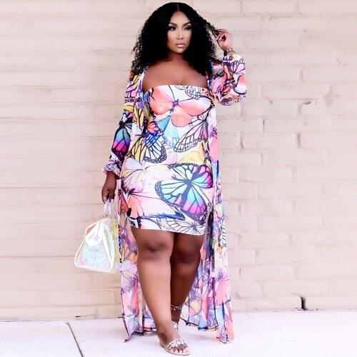 XL-4XL Plus Size Womens Two Piece Sets Butterfly Print Strapless Bandage Dress and Long Sleeve Cardigan Autumn Clothing Hot