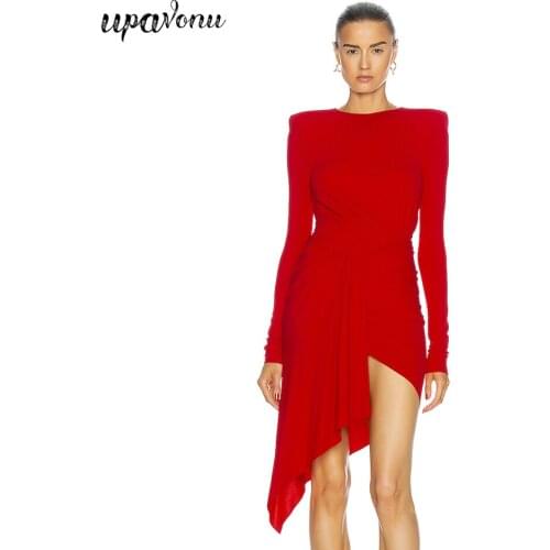 Free Shipping 2021 New Women Red Dress Sexy O-neck Long Sleeve Bodycon Irregular Draped Dress Celebrity Club Party Mini Vestido