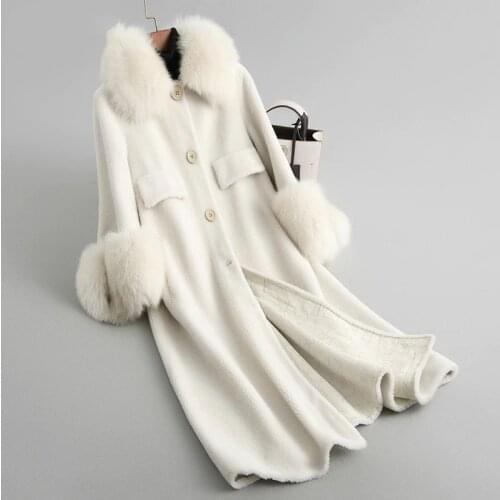 Sheep Women Shearing Coats Real Wool Fur Coat Female Long Warm Winter Jacket Natural Fox Fur Collar Outwear 2020 18120