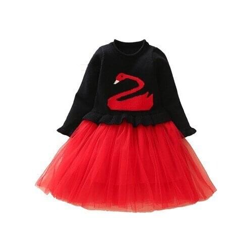 3 4 5 6 7 Years Toddler Girls Dress Swan Print Autumn Winter Sweater Splice Tutu Dresses Christmas Costume Baby Kids Clothes