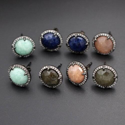 10pairs CZ Paved Gunmetal Black Stud Earring Post Round Natural Amazonite Sun Stone Earring For Women Bridal Wedding Jewelry
