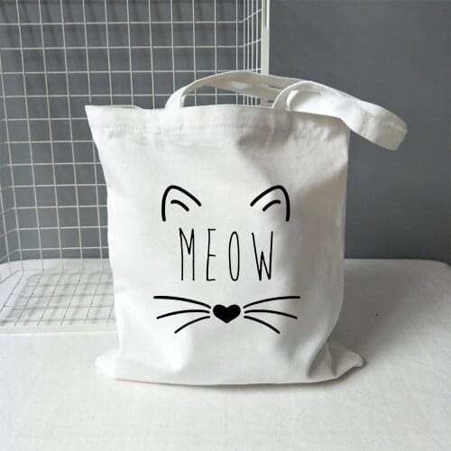 Cute Meow Cat Canvas Shopping Bag Women Large Capacity Storage Handbag Shoulder Tote Reusable Student Bookbag Fashion Shopper