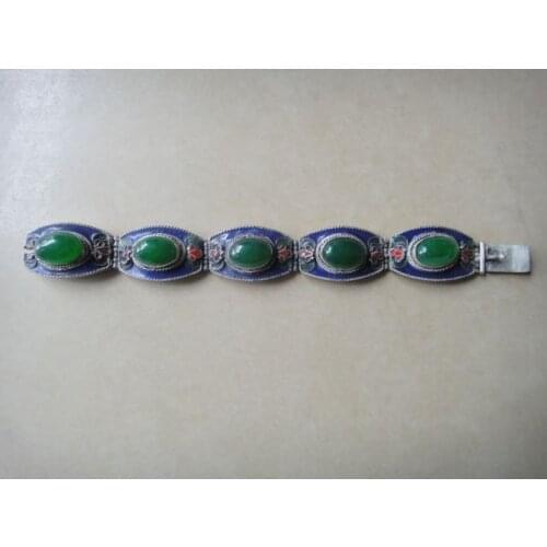 Exquisite Chinese Collection handwork Tibetan Silver inlaid with artificial green jade cloisonne flower bracelet