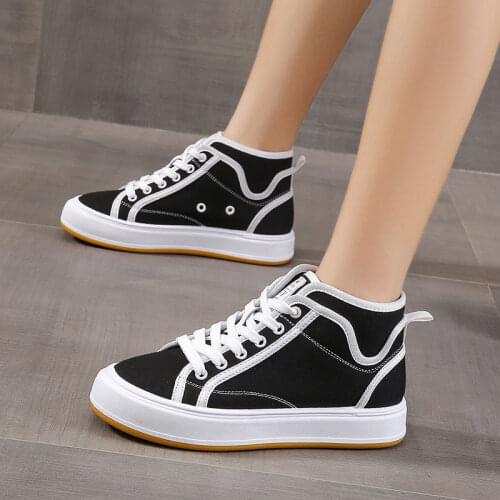 Woman Sneakers New Classic White Black Canvas Shoes Flat Fashion Comfortable High Shoes Womens Fashion Vulcanized Shoes
