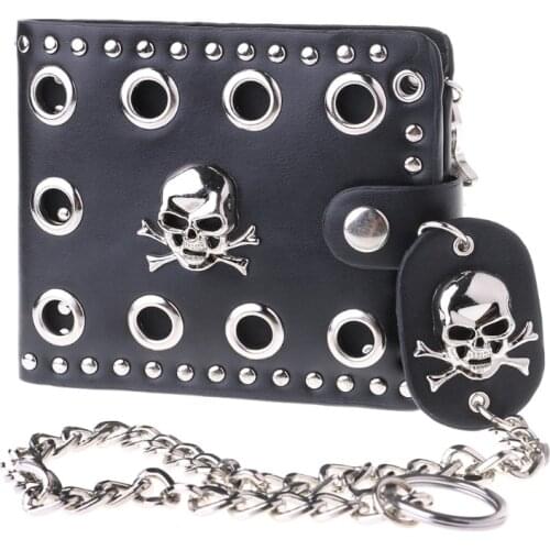 Leather Cool Punk Gothic Western Skull Clutch Purse Wallets With Chain For Men