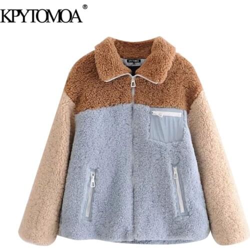 KPYTOMOA Women 2020 Fashion Thick Warm Faux Fur Patchwork Jacket Coat Vintage Long Sleeve Pockets Female Outerwear Chic Tops