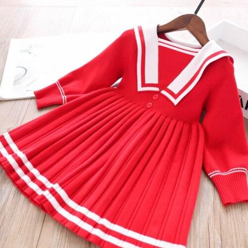Red Girls costume Girls Dresses 2020 New Knit Dress of Girls Princess Clothing Sweater Pleated Ball Gown Girls Clothes for 2-7Y