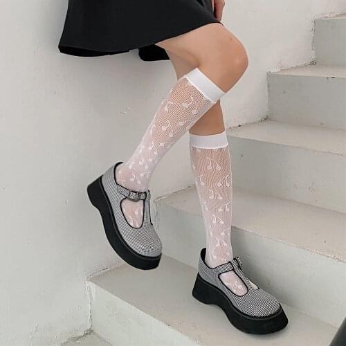 Lolita Mesh Socks Women Transparent Cherry Stockings Thin High Knee Socks Female Jk Long Socks Dress Calcetine Medias