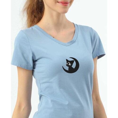 Moon and Cat Print Cotton T Shirt Women V-neck Short Sleeve Women Shirts All Match Harajuku Aesthetic Lady Top White Kpop Tshirt