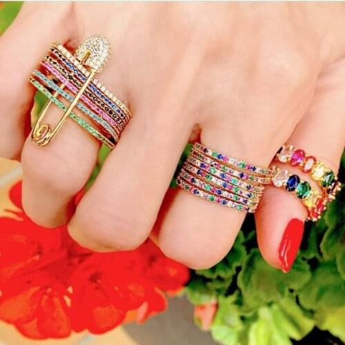 Fashion 6 Pcs Engagement Band Stack Stackable Paperclip Safety Pin Design Colored Cz Turquoises Delicate Women Ring Jewelry Gift