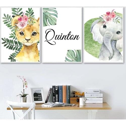 Custom Baby Name Wall Art Personalized Poster Pint Tiger Lion Giraffe Zebra Leaf Canvas Painting Kid Bedroom Animal Pictures