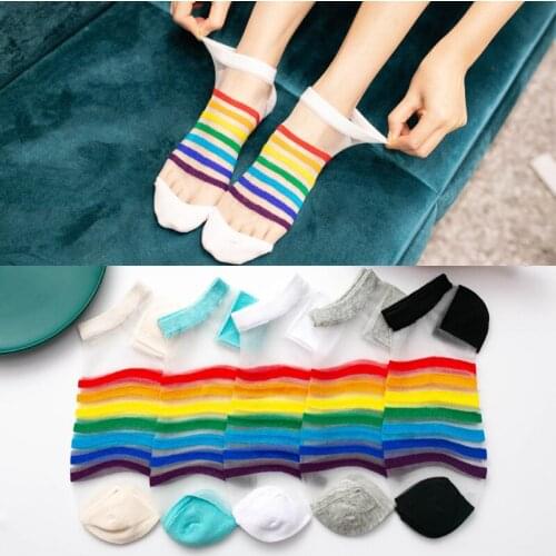 5 Pairs Women Socks Summer New Rainbow Striped Socks Soft Silk Thin Transparent Ankle Socks Breathable Solid Invisible Socks