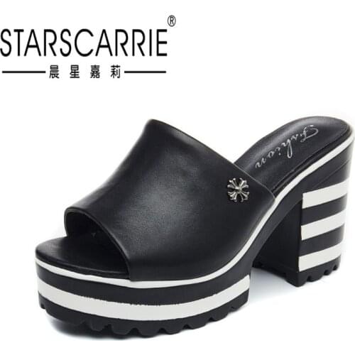 2021 new summer leather womens slippers muffin high heel slippers womens antiskid fish mouth one word cool slippers