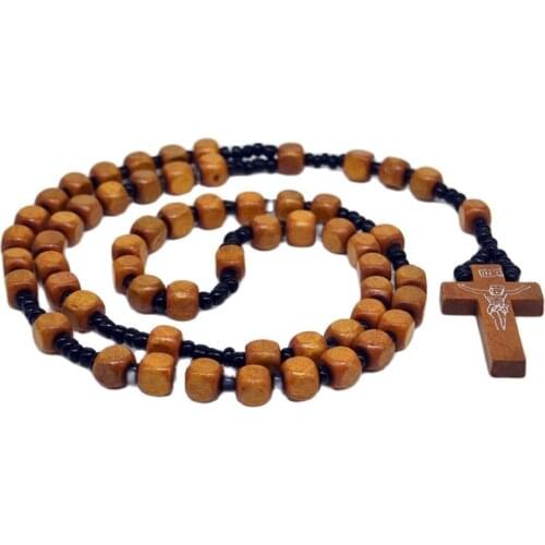 NEW Cube Wood Rosary Beads INRI Jesus Cross Pendant Necklaces Catholic Christian Fashion Religious Jewelry