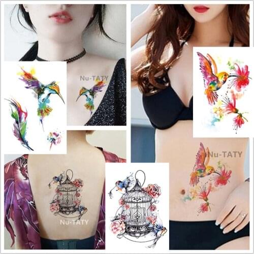 Nu-TATY Waterproof Temporary Sticker Birds Series Caged Bird Magpie Birds Flowers Sparrow Lasting Tattoo Stickers