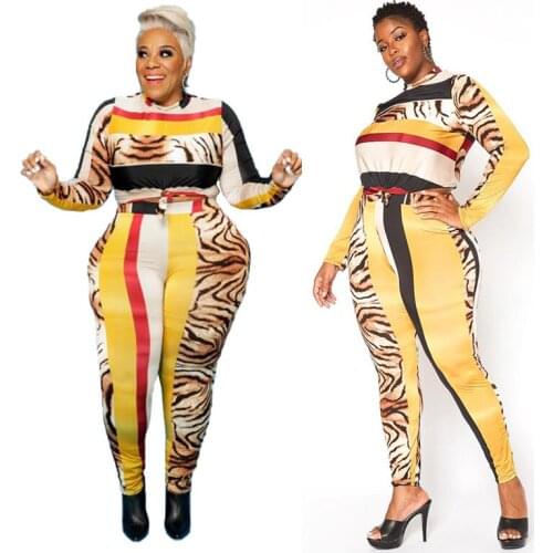 Plus Size 2 Piece Sets Womens Outfits Fashion Long Sleeve Patchwork High Waist Leopard Grain Pant Suit Wholesale Dropshipping