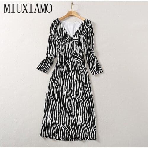 MIUXIMAO High Quailty 2020 Fall Long Sleeve Stripe Print Vintage Mid-Calf Casual Long Beach Dress Women With Bow