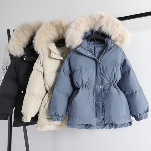 Women Parka Drawstring High Waist Thicken Jacket Women Thick Parkas Warm Sash Tie Up Zipper Down Outerwear 21-10804