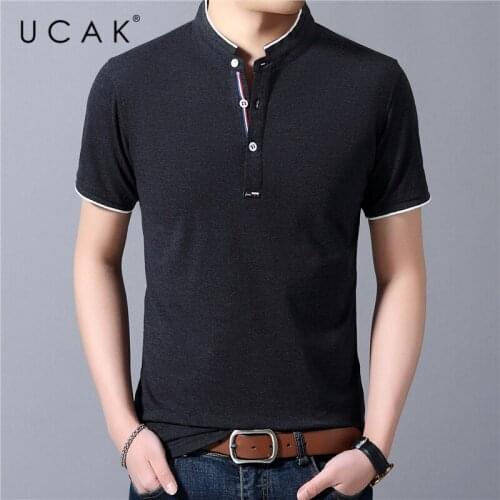 UCAK Brand Streetwear Solid Color Short Sleeve T-Shirts Men Clothing Summer New Tops Mandarin Collar Casual T Shirt Homme U5433