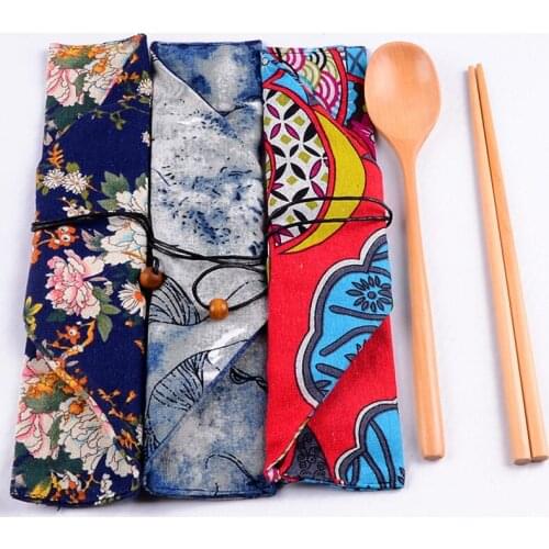 Japanese Style Cloth Bag Wooden Chopsticks Spoon Gift Set Portable Travel Tableware Supplies