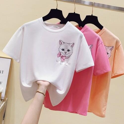 Gkfnmt Summer Tops Woman T-shirt Diamond Animal Cat Short Sleeve Tshirt Women Clothing Tee Shirt Kawaii Clothes Cotton New 2021